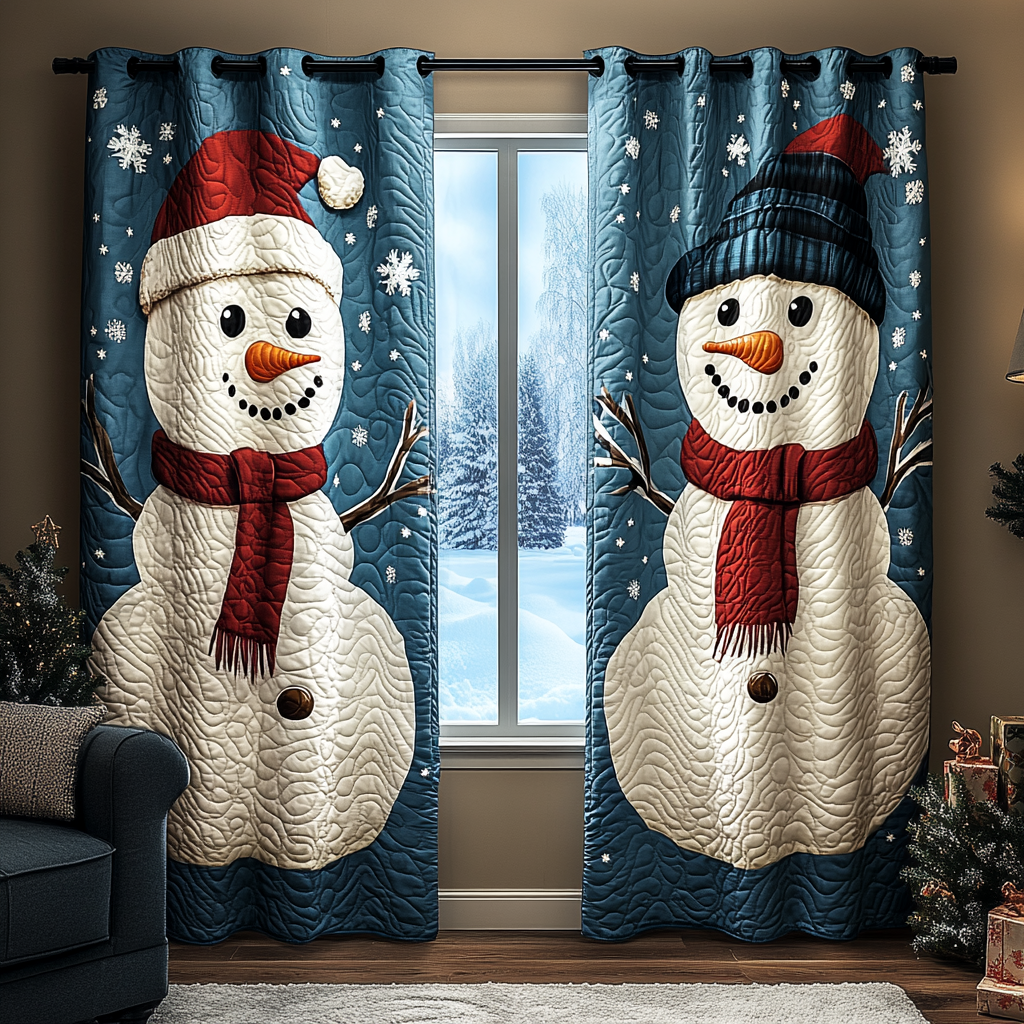 Cortinas Acolchadas con Escena de Muñeco de Nieve