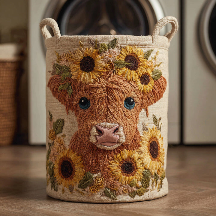 Cesta de Ropa Acolchada de Vaca de Alta Tierra con Girasoles