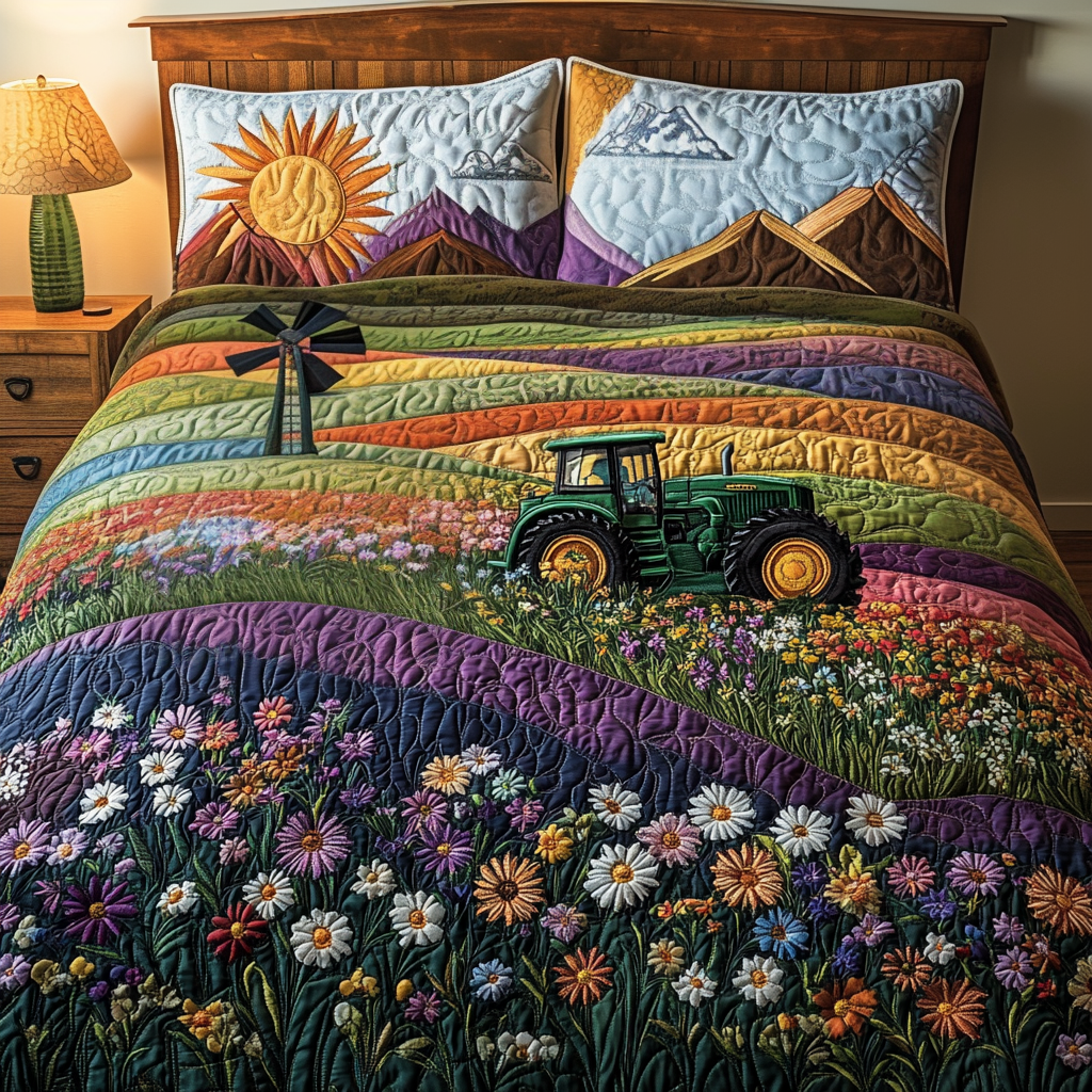 Juego de Ropa de Cama de 3 Piezas con Acolchado de Tractor y Molino de Viento