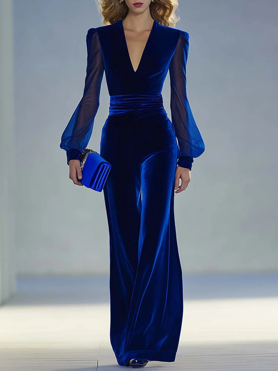 Sabrina - Jumpsuit lungo in velluto reale con scollo a V e maniche lunghe in rete, elegante e rétro