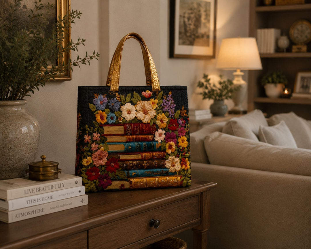 Bolso Tote Acolchado - Estampado Floral y de Libros