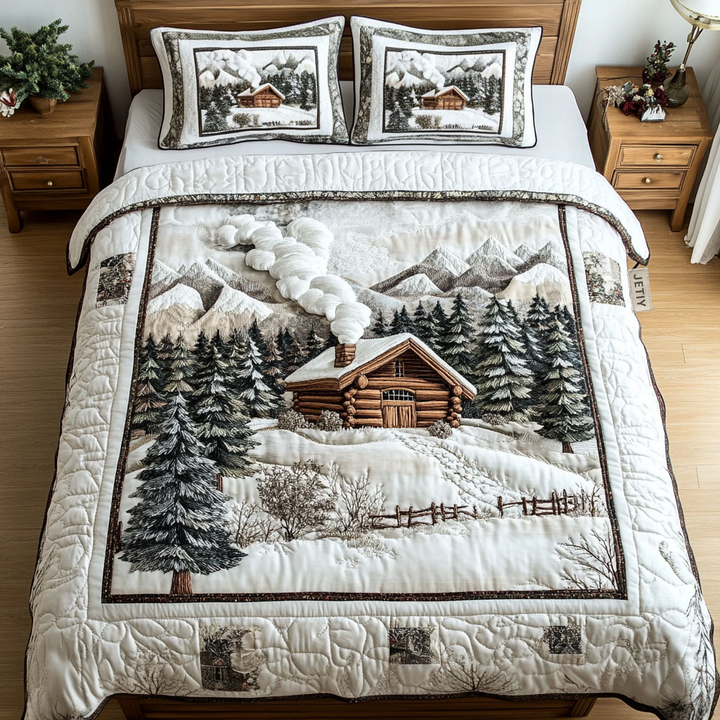 Juego de Ropa de Cama Acolchado de 3 Piezas para Cabaña de Invierno en la Montaña