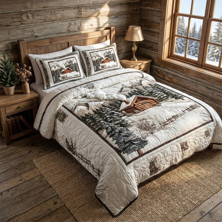Juego de Ropa de Cama Acolchado de 3 Piezas para Cabaña de Invierno en la Montaña