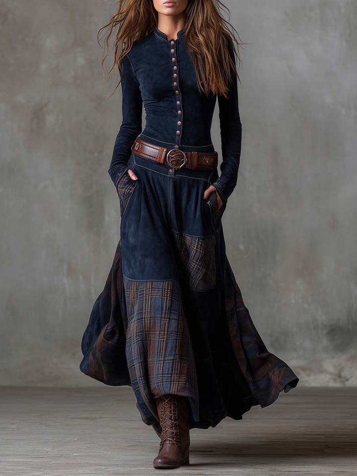 Martina · Vestito lungo vintage in camoscio a quadri blu navy