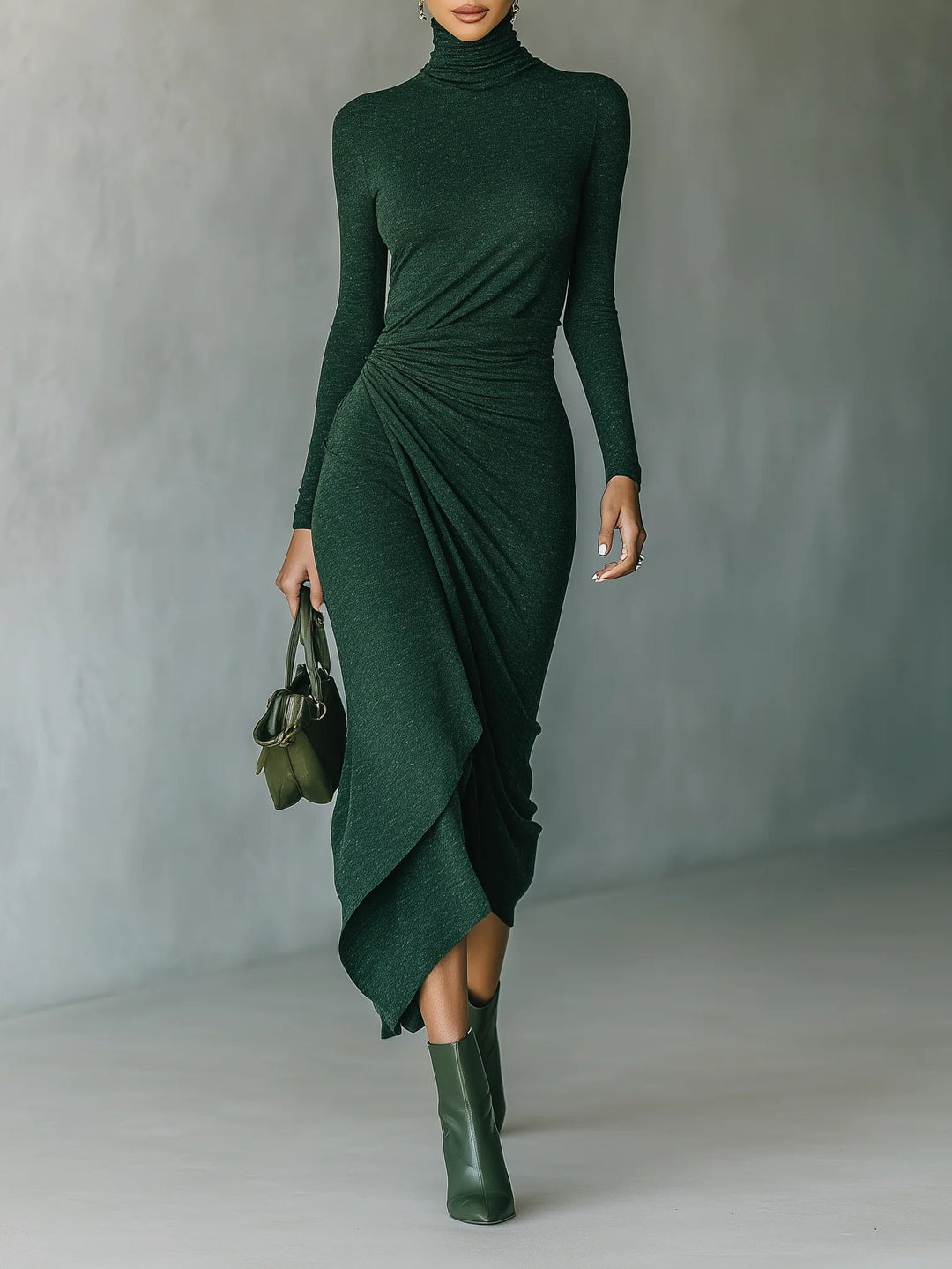Lenora · Abito midi avvolgente asimmetrico con pieghe e collo alto verde scuro