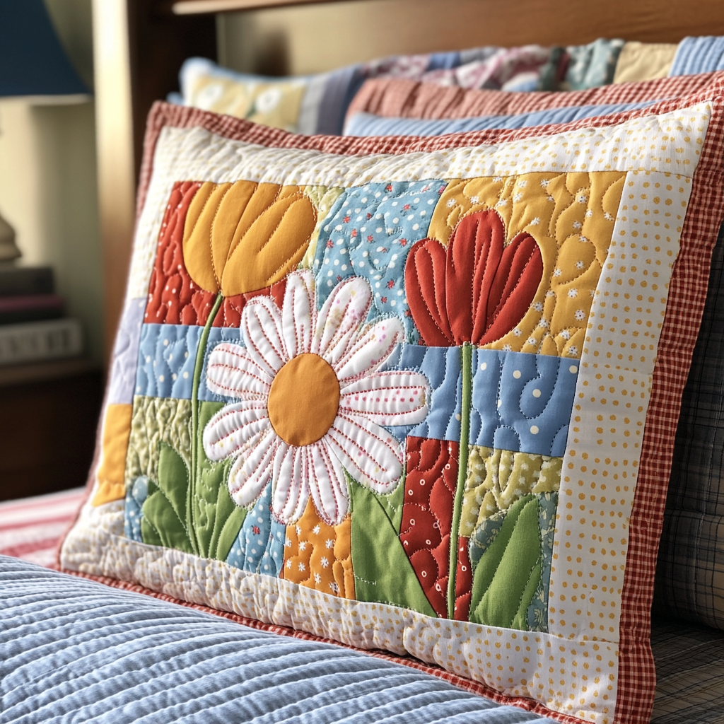 Funda de Almohada de Colcha con Flores de Patchwork