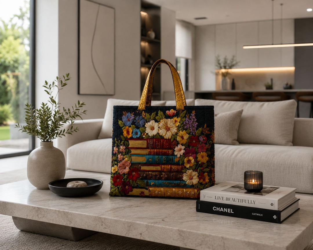 Bolso Tote Acolchado - Estampado Floral y de Libros
