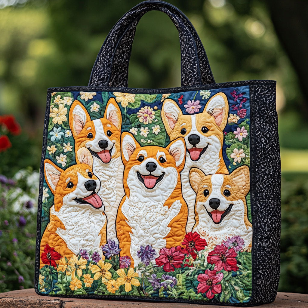 Bolsa Tote Acolchada de Corgi en Flor