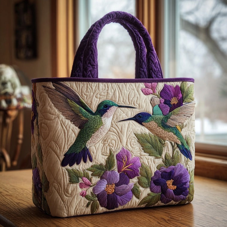Bolso Tote Acolchado de Colibríes Morados