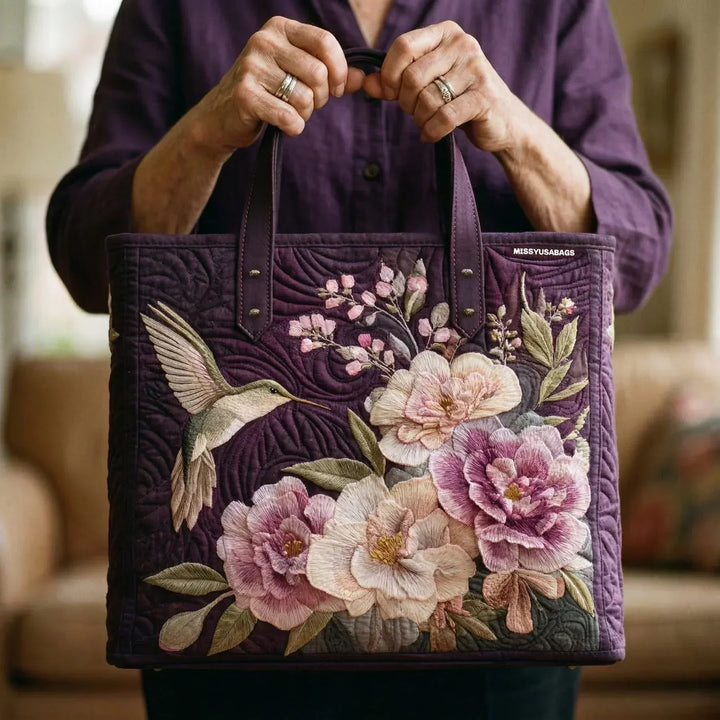 Bolsa Tote Acolchada - Colibríes y Orquídeas