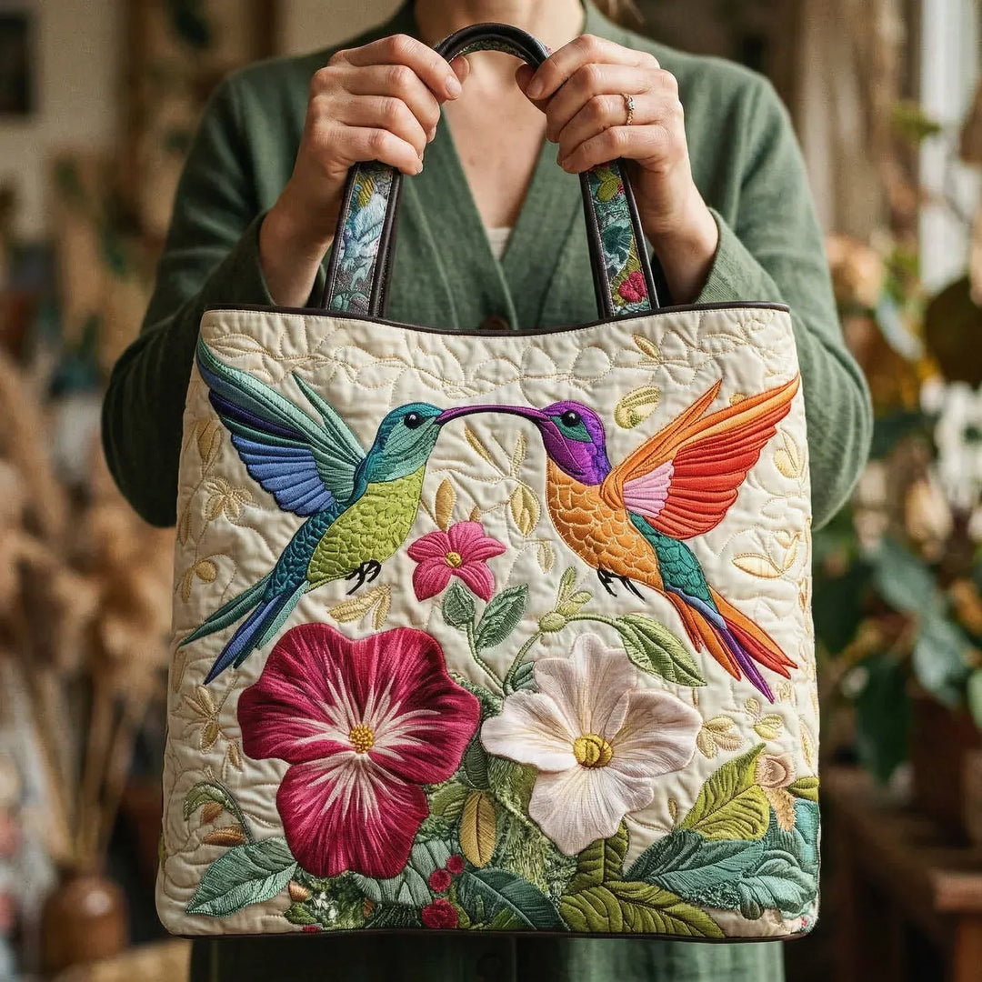 Bolsa Tote Acolchada - Colibrí y Flores Blancas