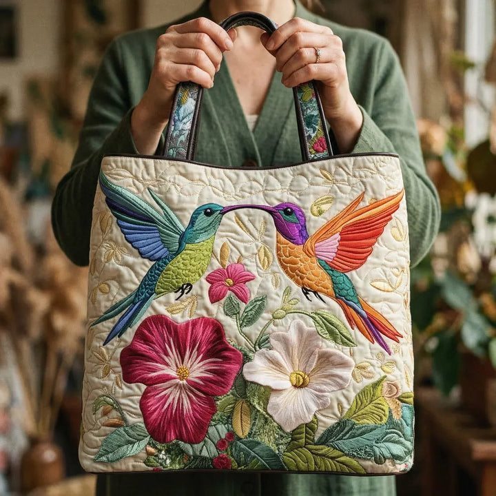 Bolsa Tote Acolchada - Colibrí y Flores Blancas