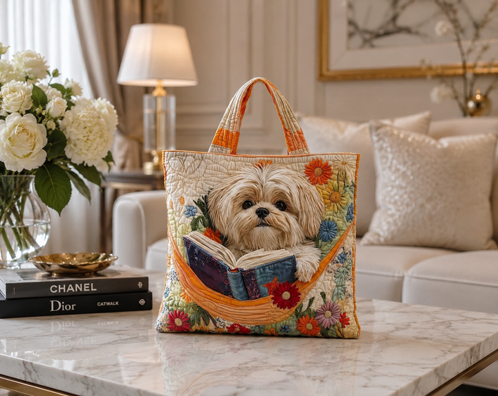 Bolso Tote Acolchado - Shih Tzu con Libros y Flores