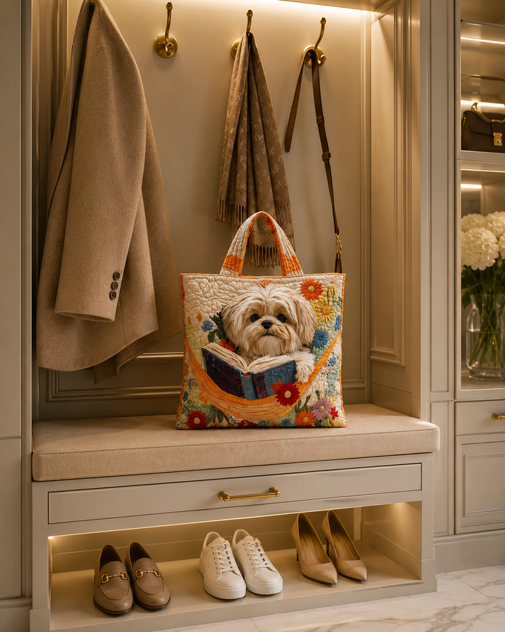 Bolso Tote Acolchado - Shih Tzu con Libros y Flores