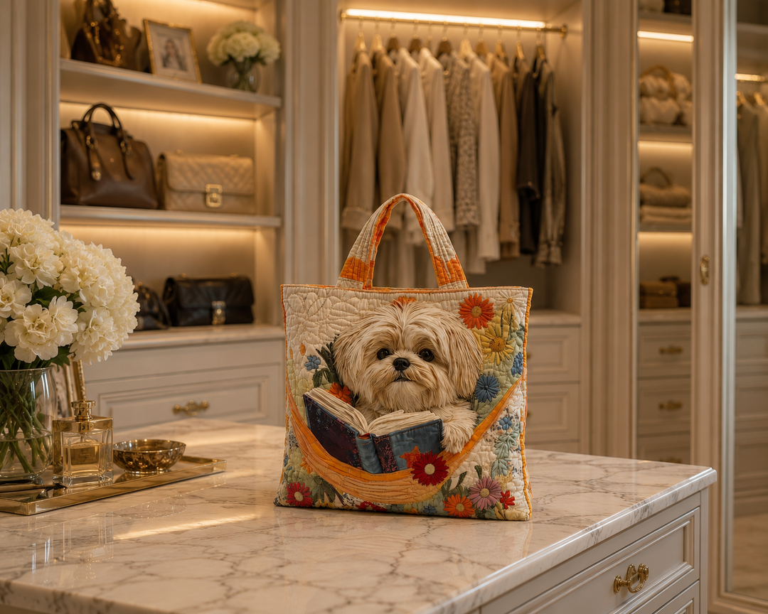 Bolso Tote Acolchado - Shih Tzu con Libros y Flores