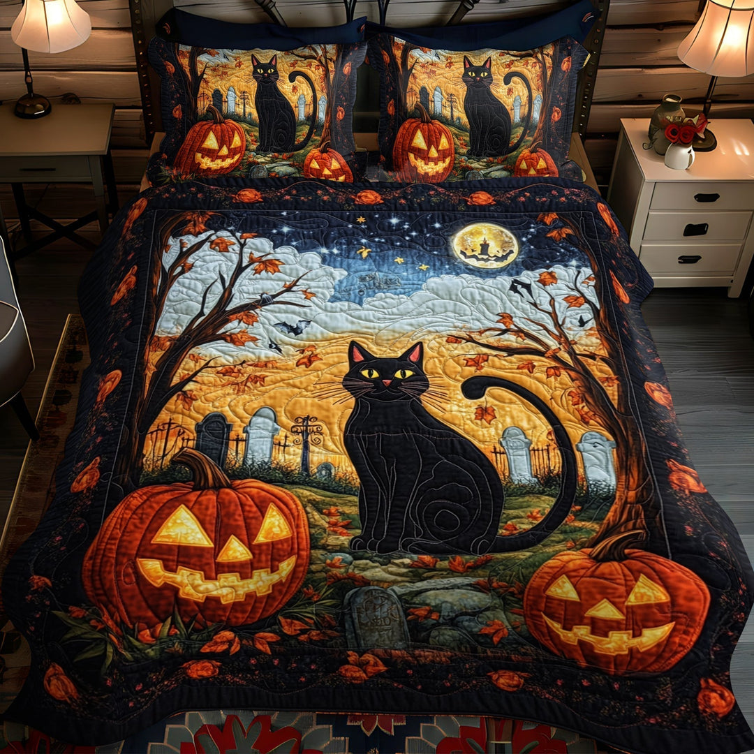 Juego de Ropa de Cama Acolchado de Gato Negro Espectacular de 3 Piezas