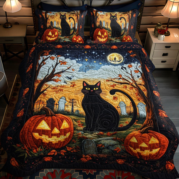 Juego de Ropa de Cama Acolchado de Gato Negro Espectacular de 3 Piezas