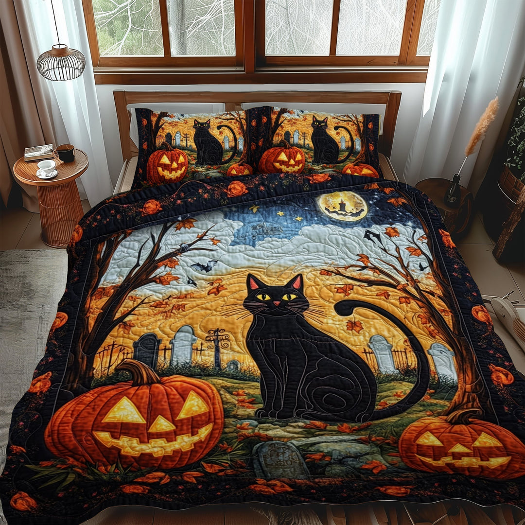 Juego de Ropa de Cama Acolchado de Gato Negro Espectacular de 3 Piezas