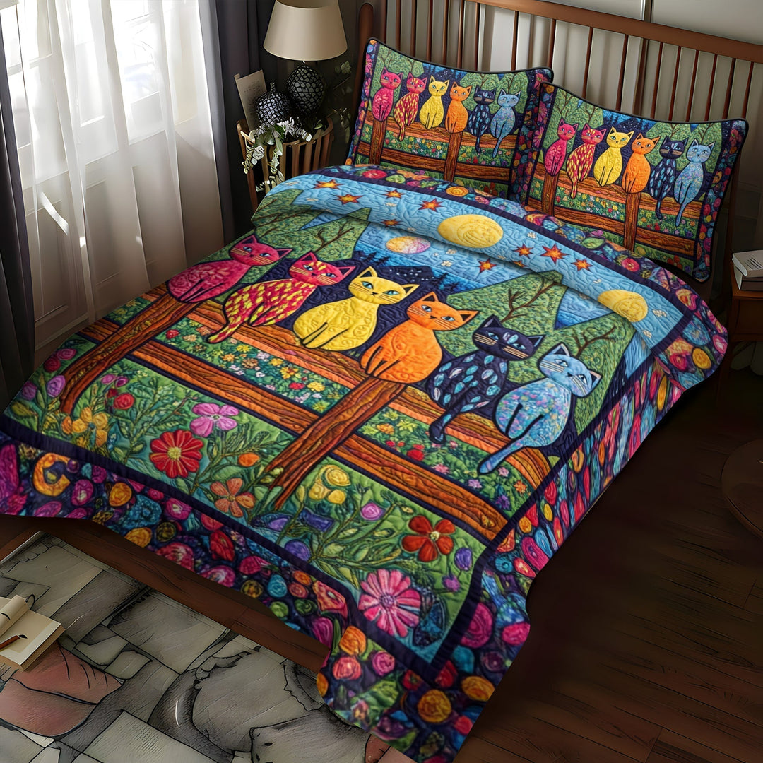 Juego de Ropa de Cama Acolchada de 3 Piezas con Tema de Gato Artístico